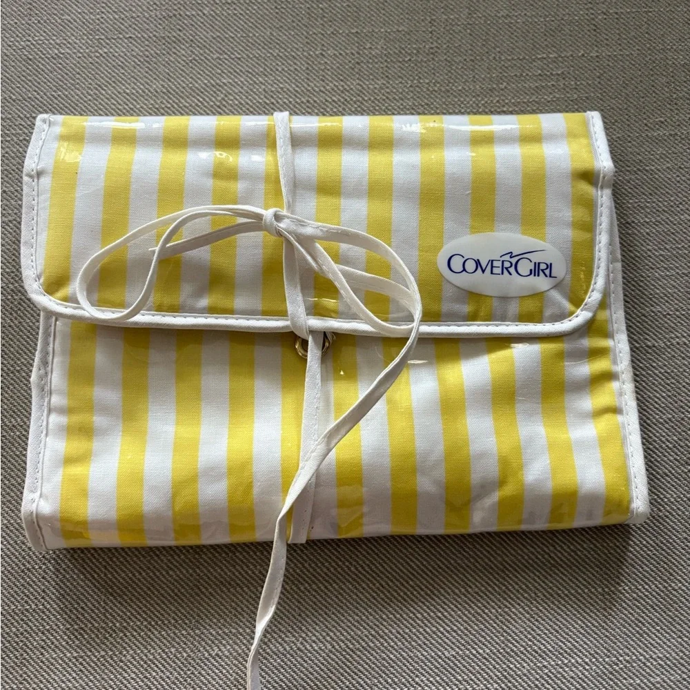 Vintage 1980s Covergirl Hanging Makeup Organizer. White and yellow stripe